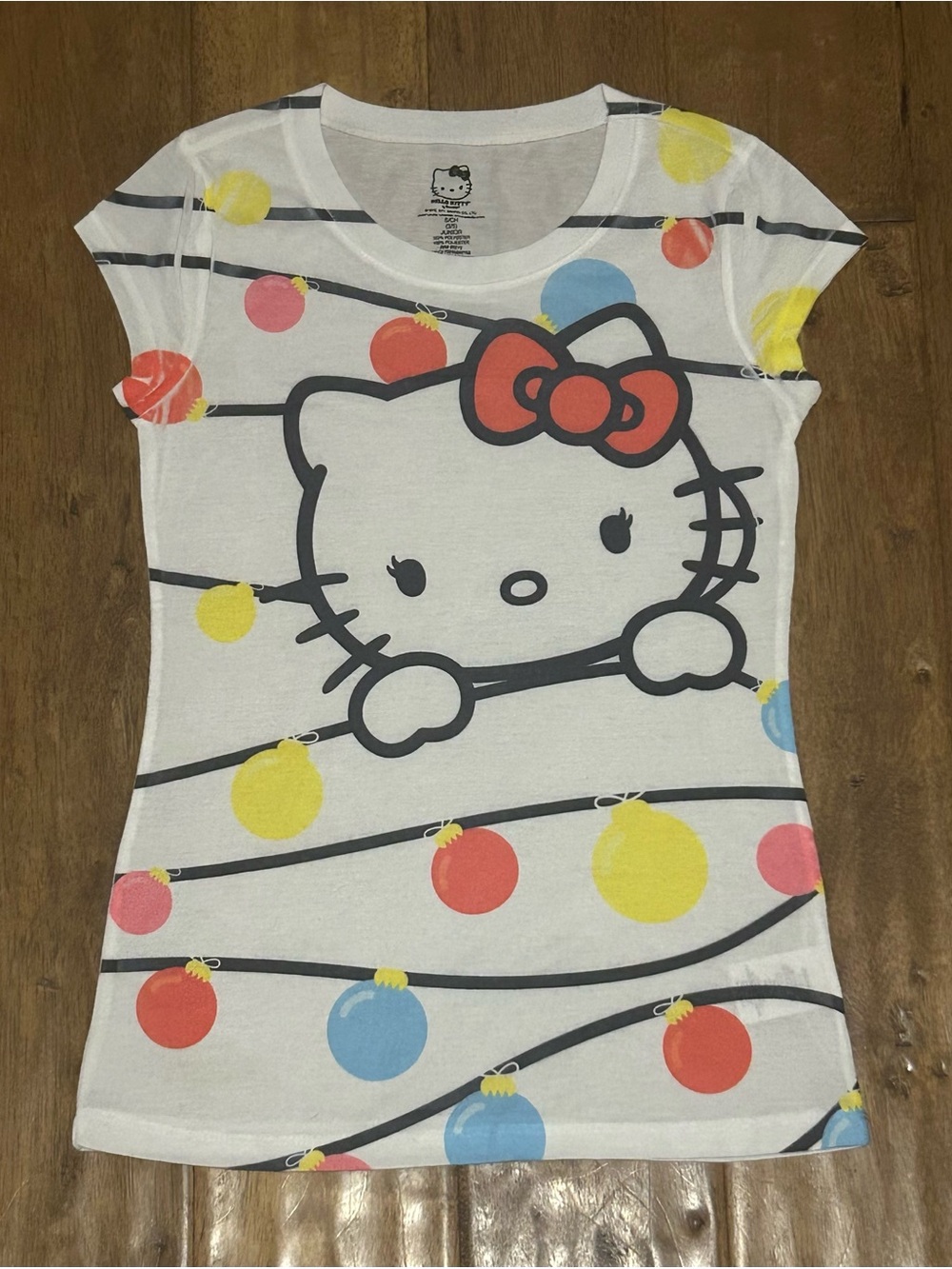 Hello Kitty White Tee with Red Bow and Multicolor Ornaments